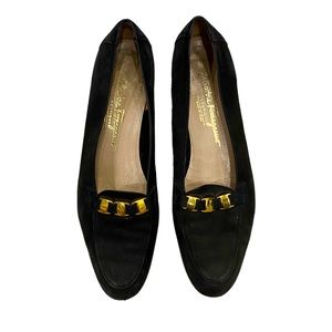 Salvatore Ferragamo Gold Detailed Black Flats